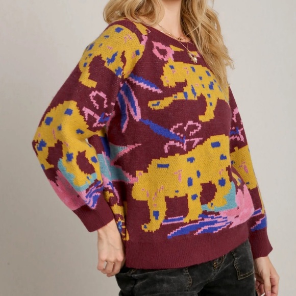 Umgee Women's Burgundy and Yellow Animal Print Sweater - Picture 3 of 5